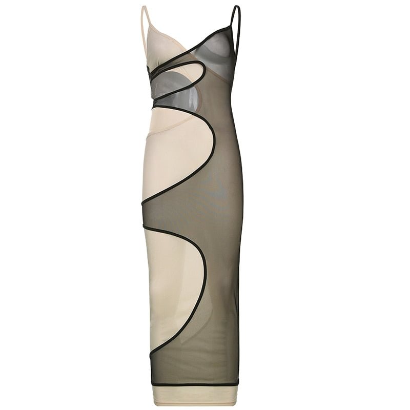 BIIKPIIK Color Contrast Hollow Out Maxi Dress Women Elegant Robe Club Sexy Spaghetti Strap Mesh Summer Skinny Dresses Streetwear