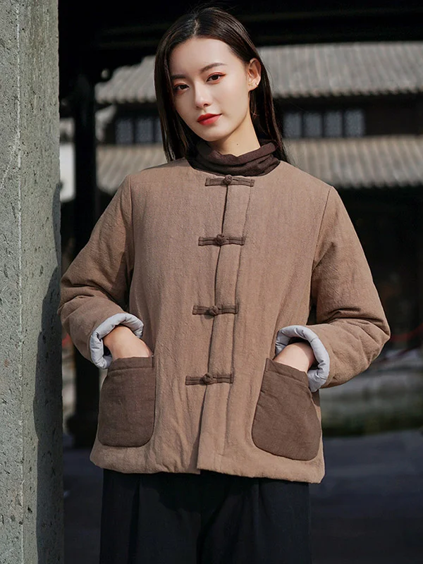 Vintage Linen Buttoned Round-Neck Padded Coat
