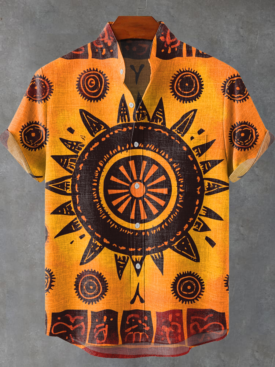 Vintage Abstract Africa Sun Painting Art Print Casual 100% Cotton Shirt