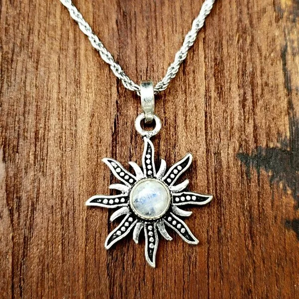 Sterling Silver Simple Moonstone Sun Pendant Necklace