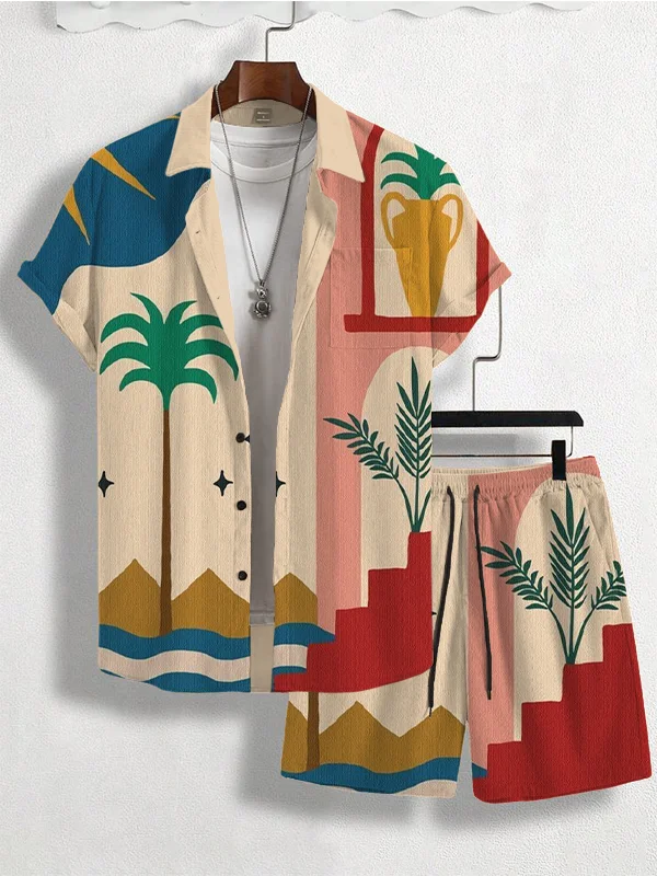 Men's Island Scenery Palm Tree Geometric Art Print Short Sleeve Shirt Set