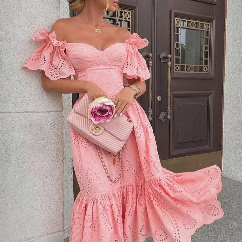 Ordifree 2022 Summer Women Embroidery Party Dress Off Shoulder Short Sleeve Slash Neck Pink Tunic Beach Dress