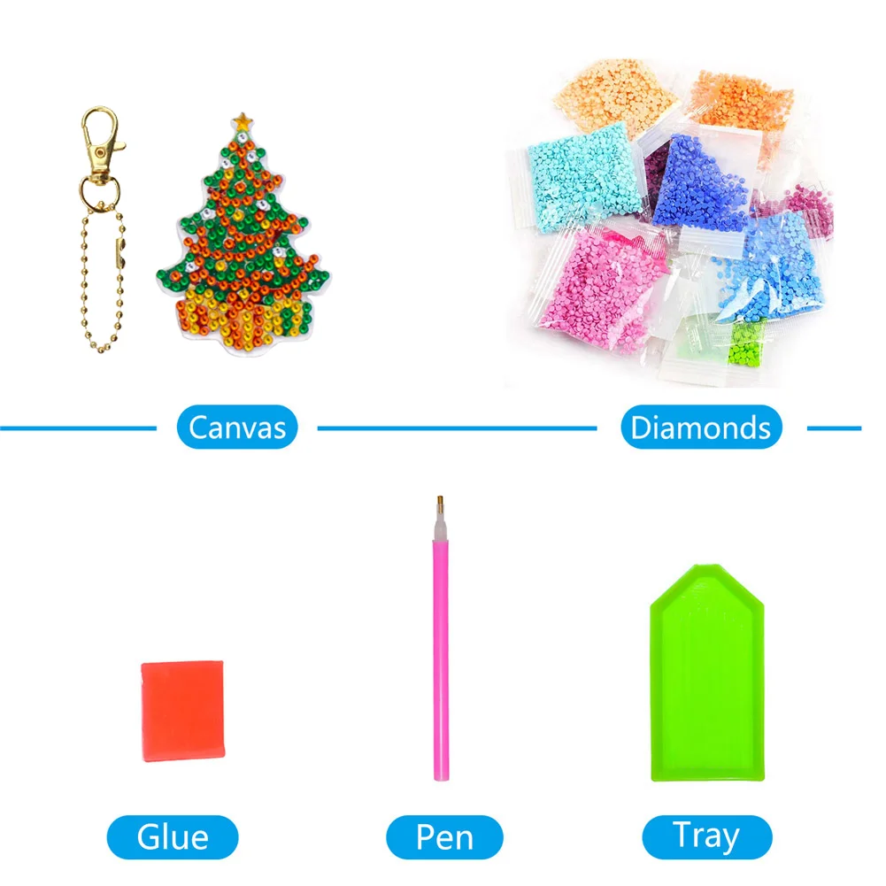 5pcs Diamonds Painting Keychain Christmas Tree Crafts DIY Key Ring Decor(Double Side)