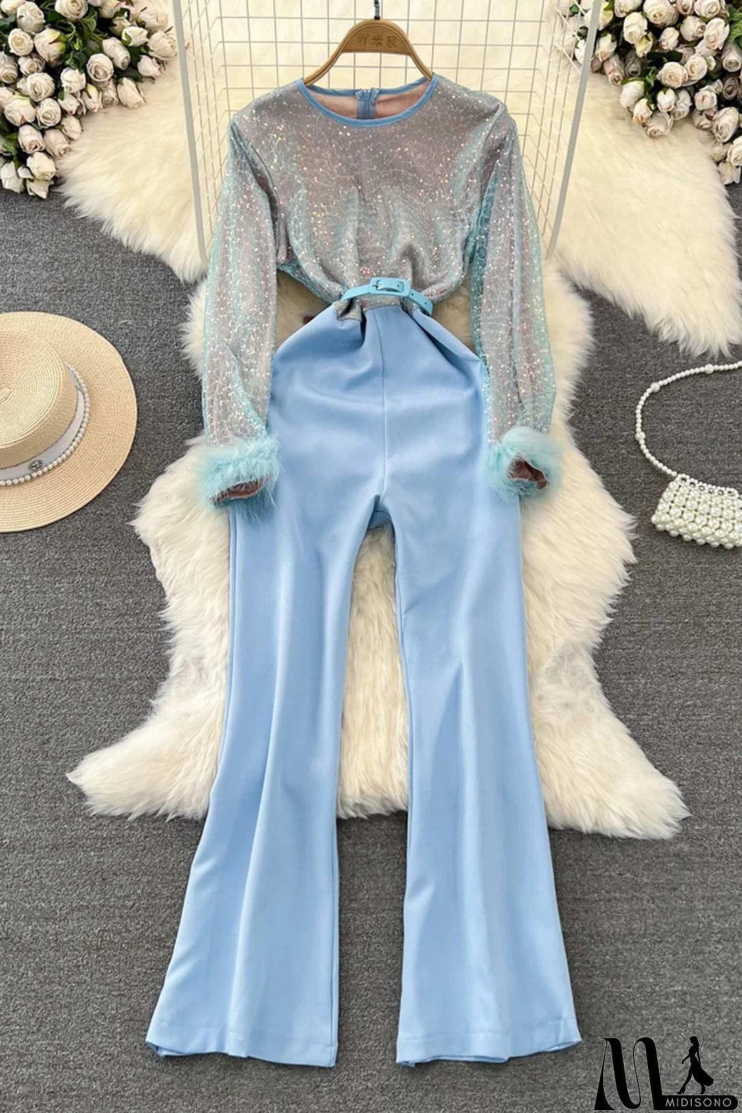 MidiSono - Fuzzy Sleeves Glitter Patchwork Jumpsuits