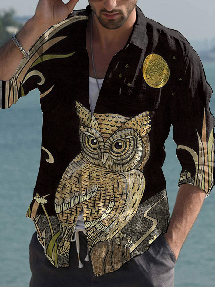 Owl print casual long-sleeved shirt