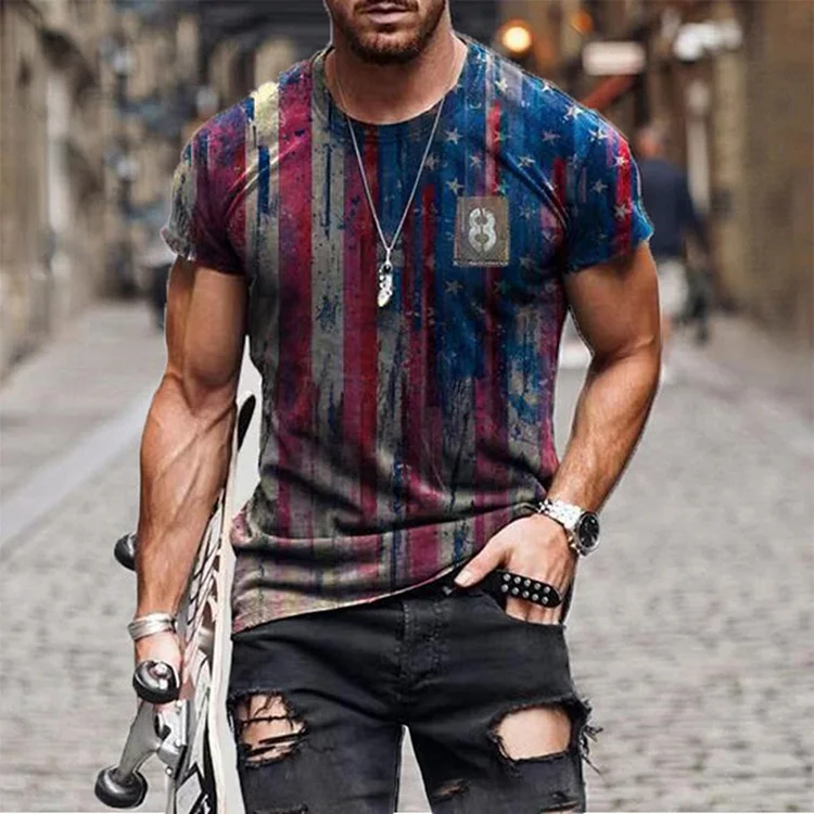 Summer Short-Sleeved Flag Printed Loose Men's Oversized T-Shirts at Hiphopee