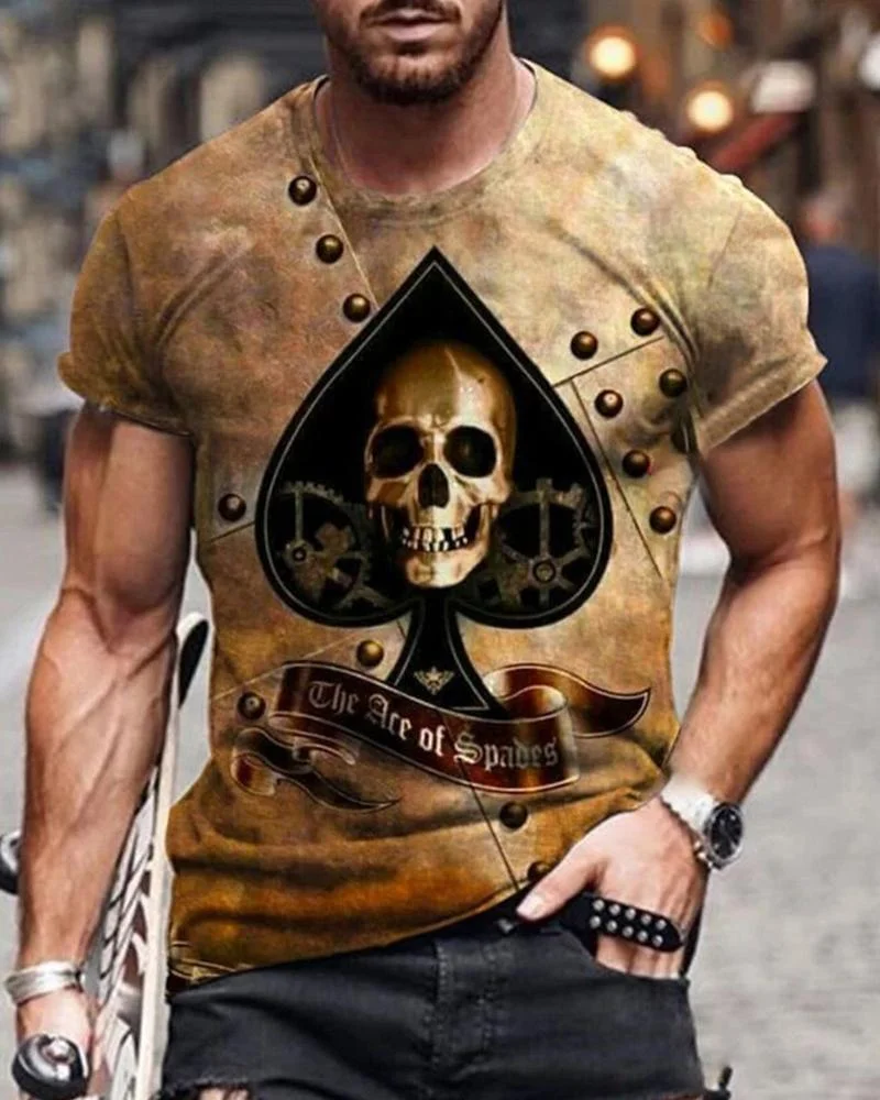 Slim-fit Short-sleeved Gradient Spade Heart Skull Casual T-shirt