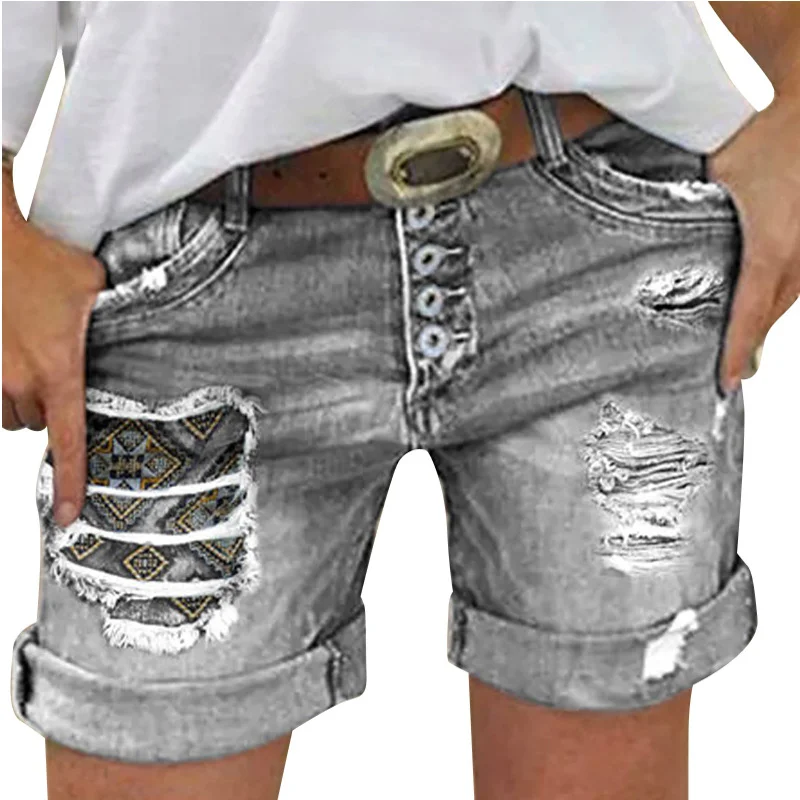 Toloer Summer Female Slim Single Row Many Button Worn Roll Edge Denim Shorts-Outfit Ideas