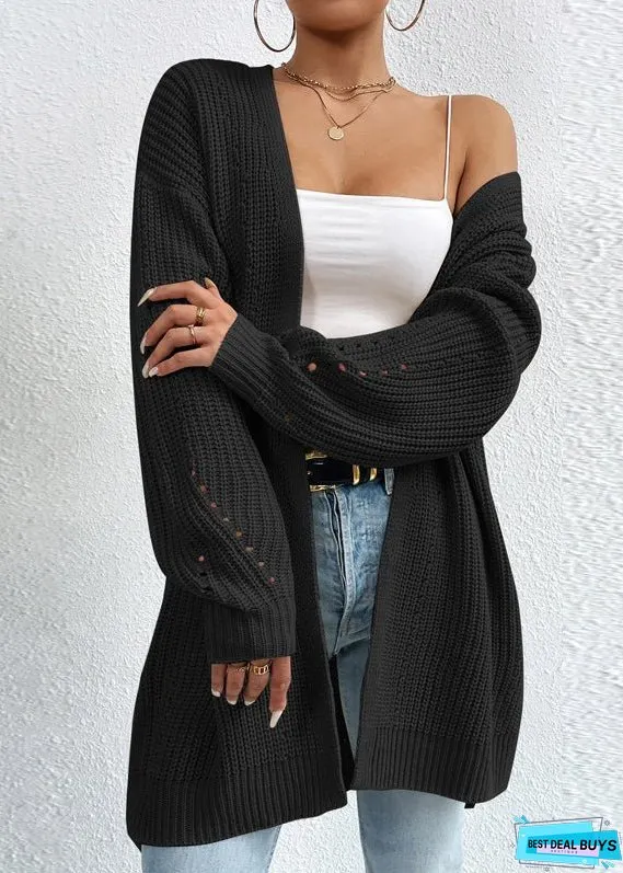 Women Apricot V Neck Loose Mid Knit Cardigan Fall