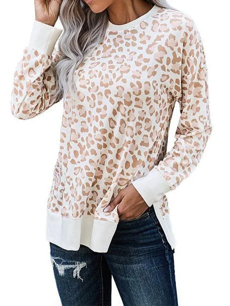 Women's Long Sleeves Round Neck Leopard Printed Top