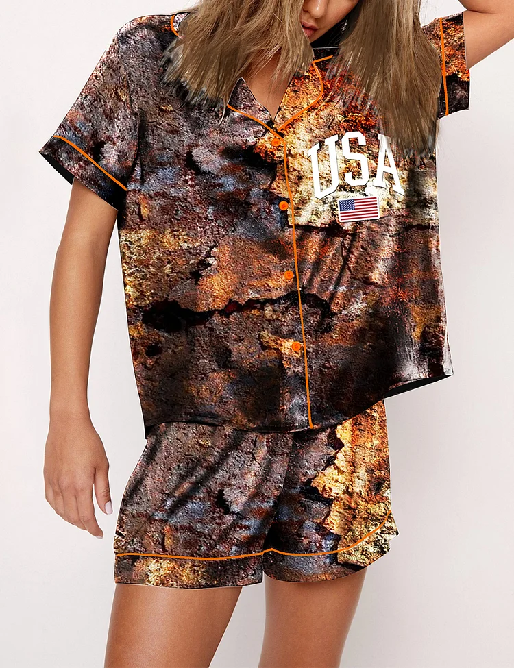 Women's USA Flag Dilapidated Ruins Print Pajama Set