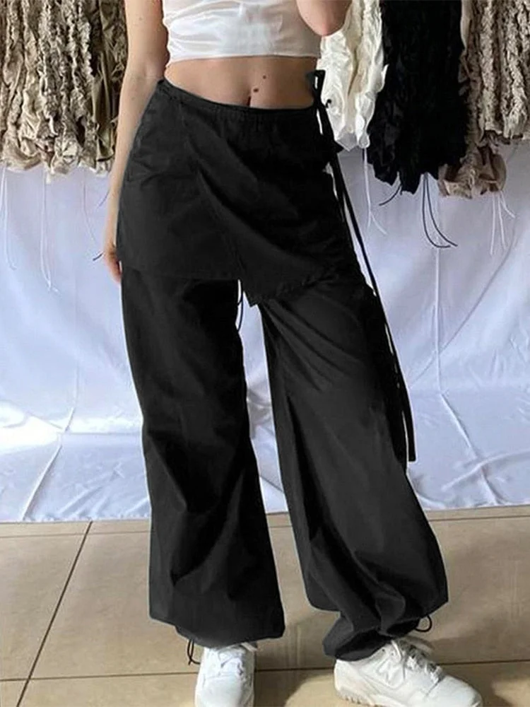 Jacqueline Y2K Wide Leg Cargo Pants Women Drawstring Baggy Low Waist Fashion Hippie Trousers Pocket Casual Street Vintage Brown
