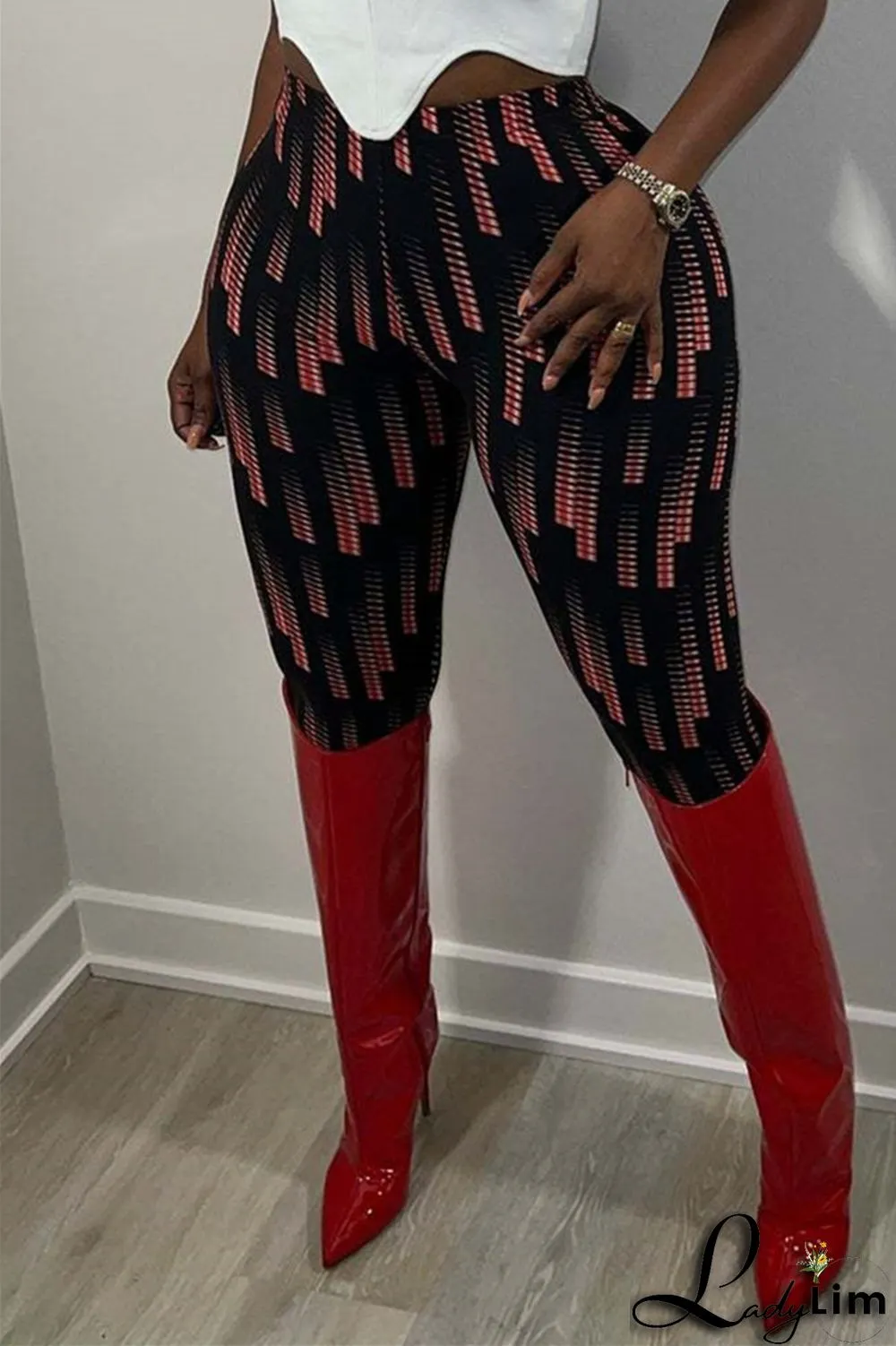 Yellow Fashion Casual Print Basic Skinny High Waist Pencil Trousers