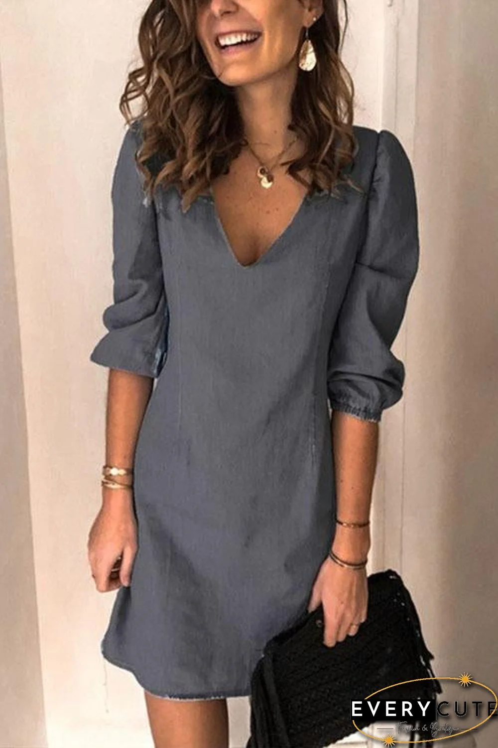 Casual V Neck Elastic Cuff Sleeve Mini Dress(5 Colors)