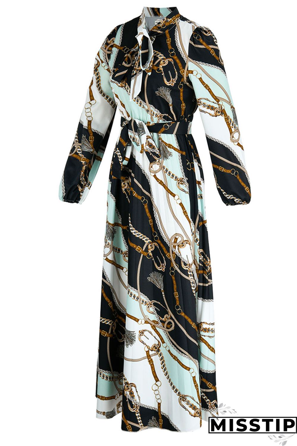 Black Casual Print Patchwork Fold O Neck Straight Dresses