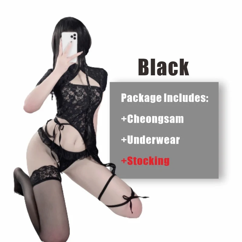 OJBK Sexy Lingerie Temptation Cheongsam Suit Chinese Qipao Uniform Lace Perspective Hollow out Charming Nightgowns Mini Dress