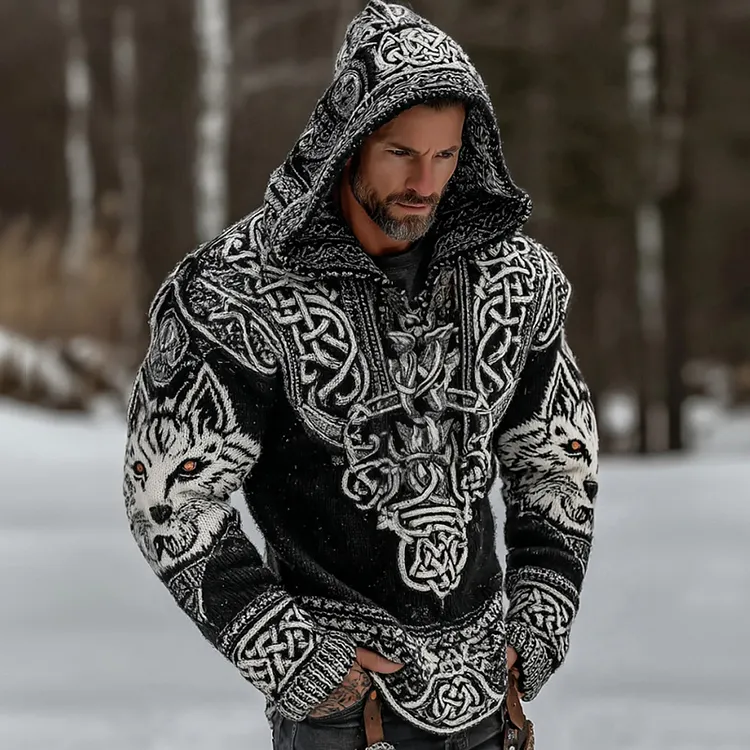 Men's Retro Celtic Knot And Wolf Pattern Hooded Knit Sweater