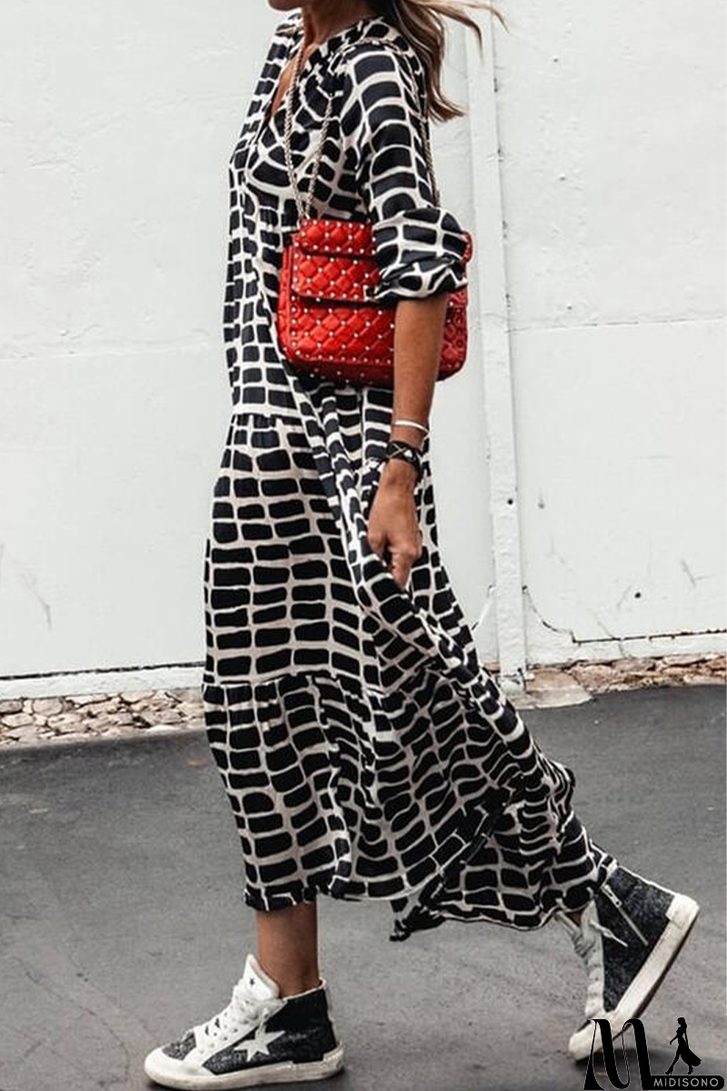 MidiSono - Casual Print Patchwork V Neck Straight Dresses(3 colors)