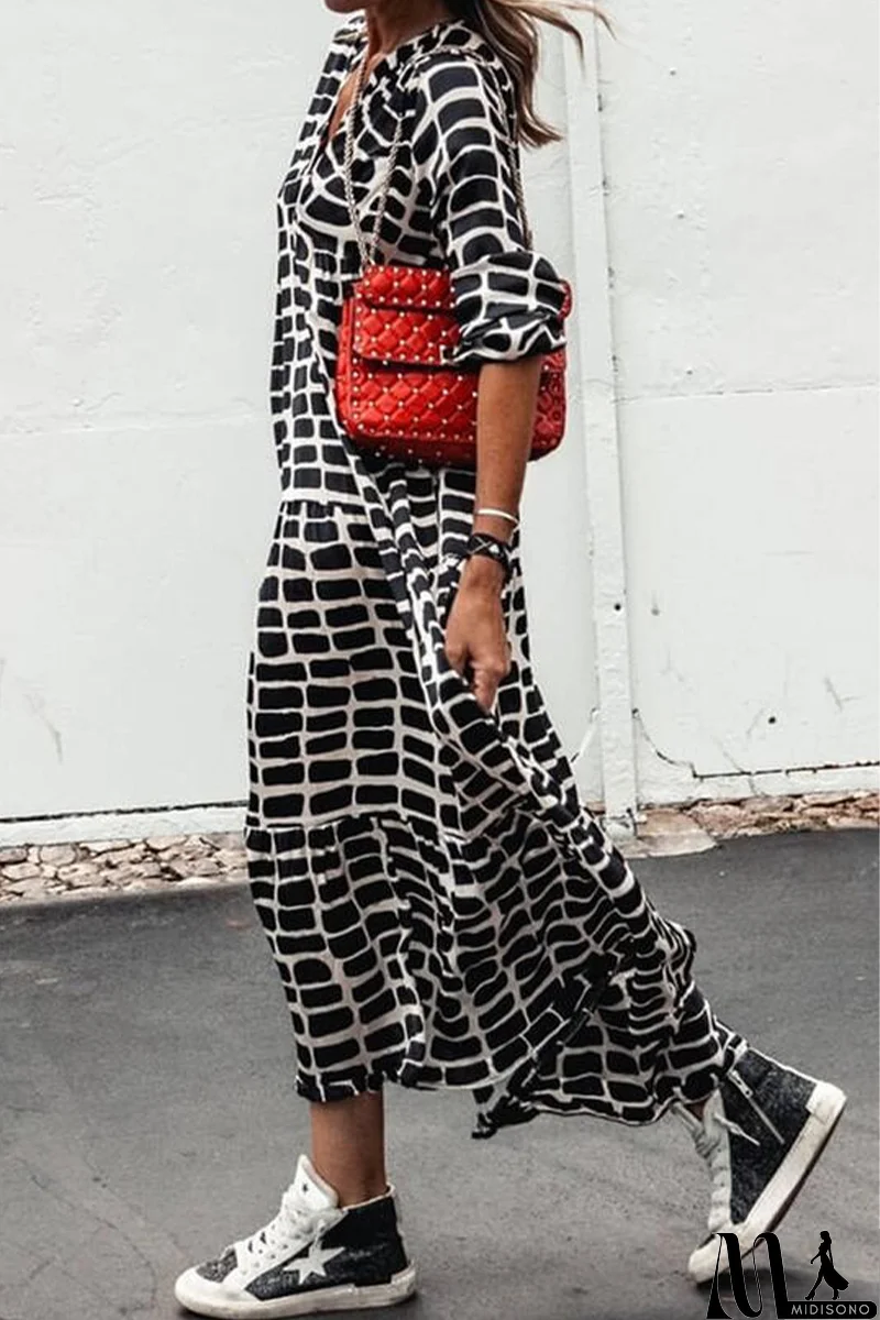 MidiSono - Casual Print Patchwork V Neck Straight Dresses(3 colors)