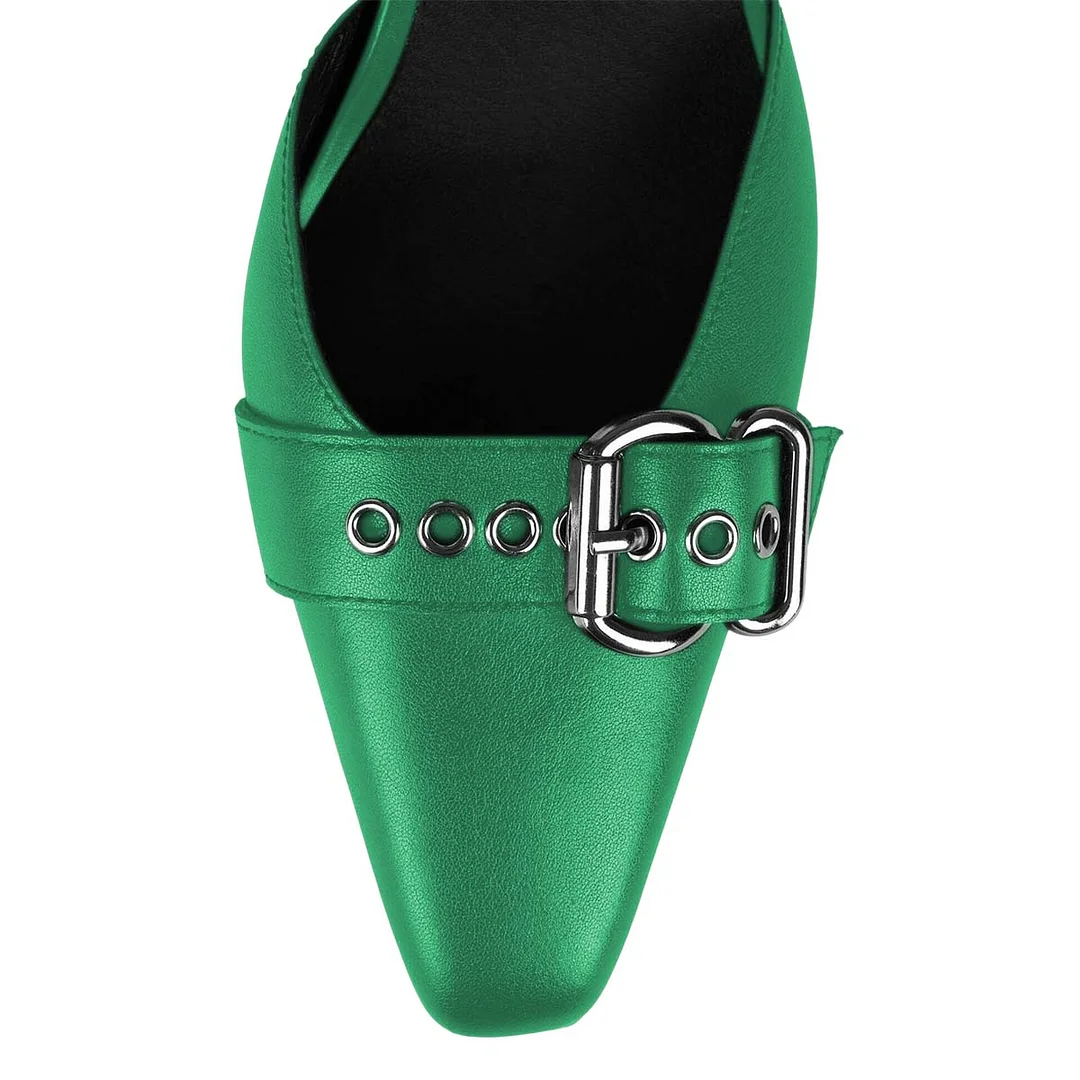 Green Chunky Heel Square Toe Grommets Strap Pumps Shoes with Buckle