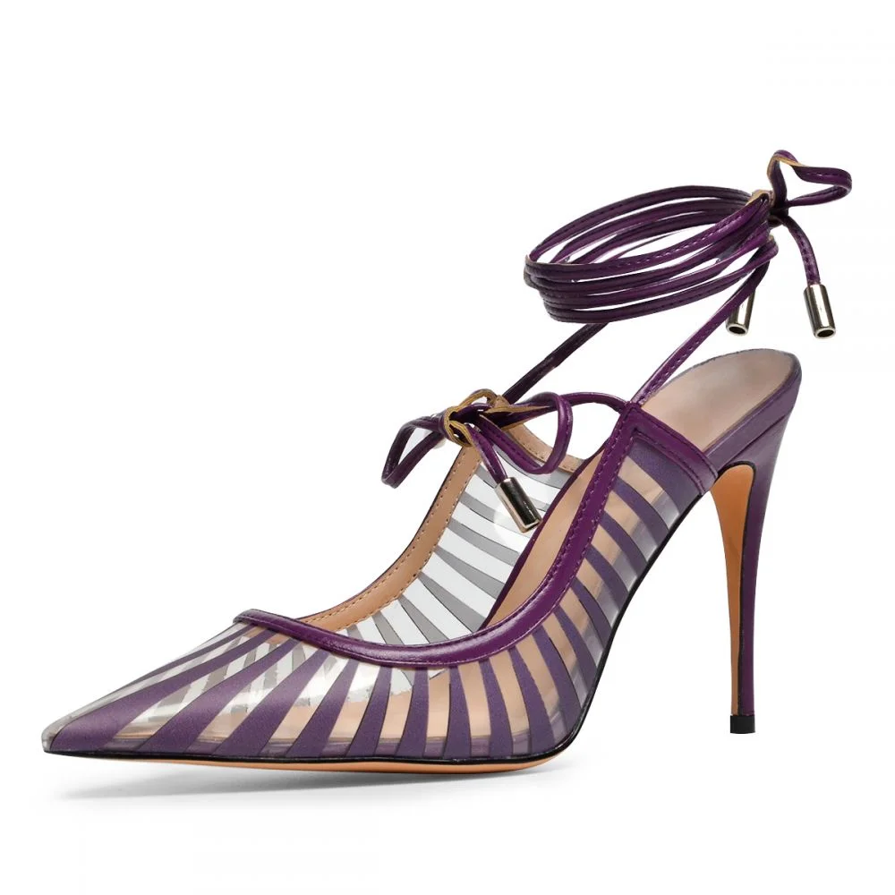 Strappy Striped Stiletto Heels Purple Pointed Toe Pumps Nicepairs