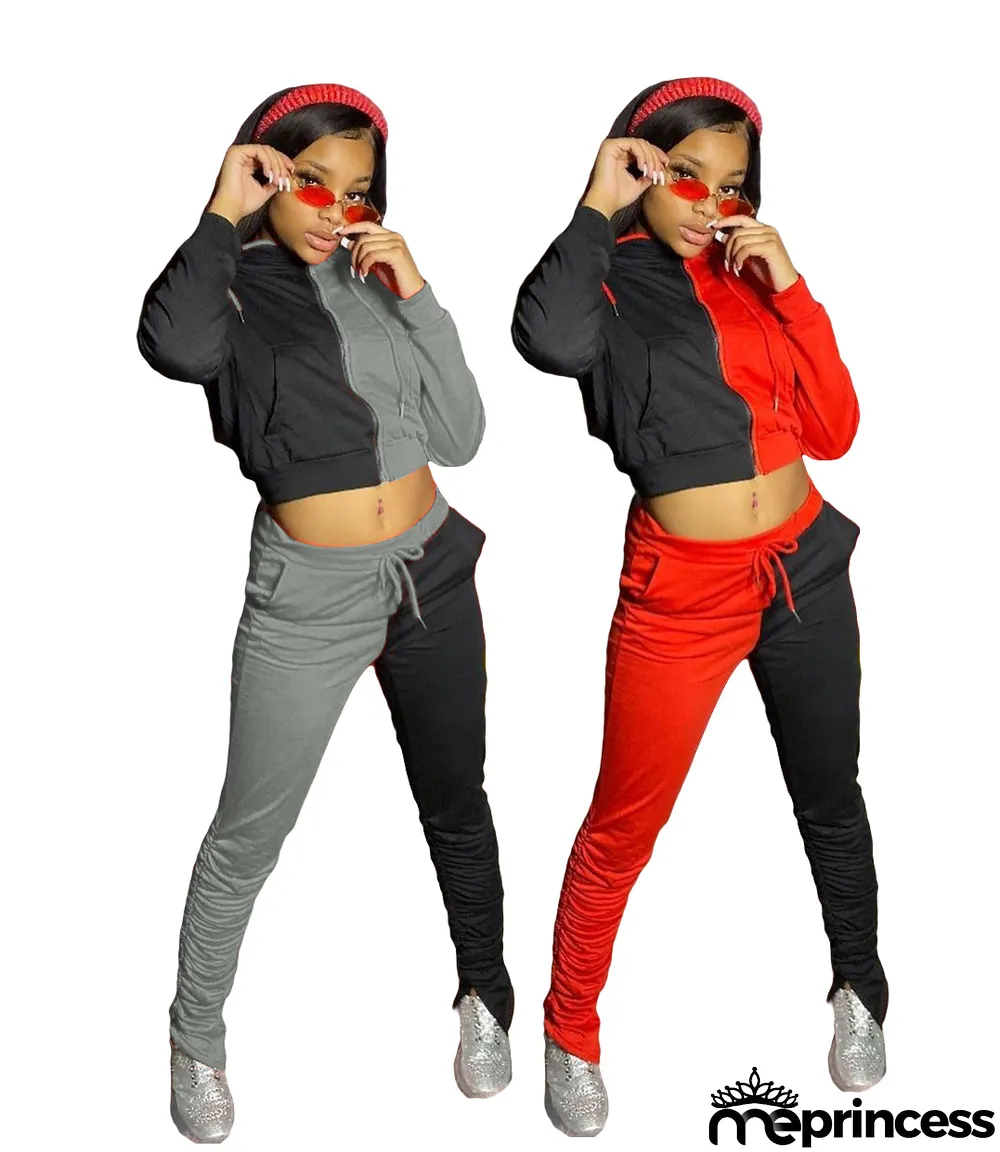 Contrast Color Hooded Stacked Pants 2 Piece Sets