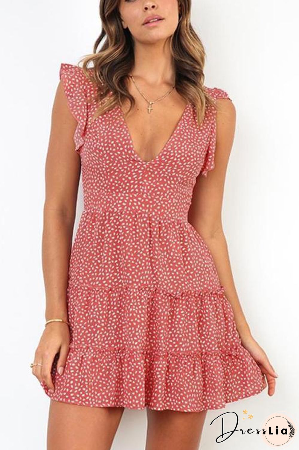 Print Deep V Neck Mini Dress