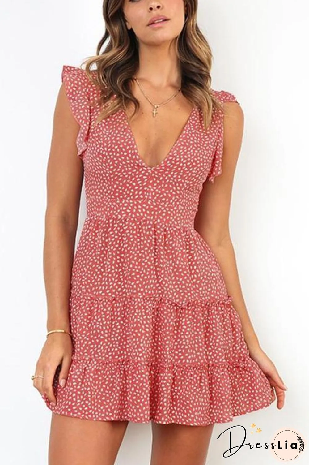 Print Deep V Neck Mini Dress