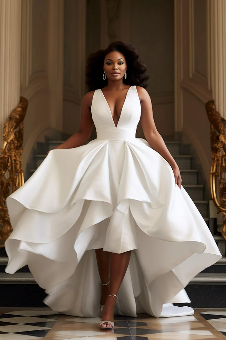 Xpluswear Design Plus Size Wedding White V Neck High Low Hem Tiered Maxi Dresses [Pre-Order]
