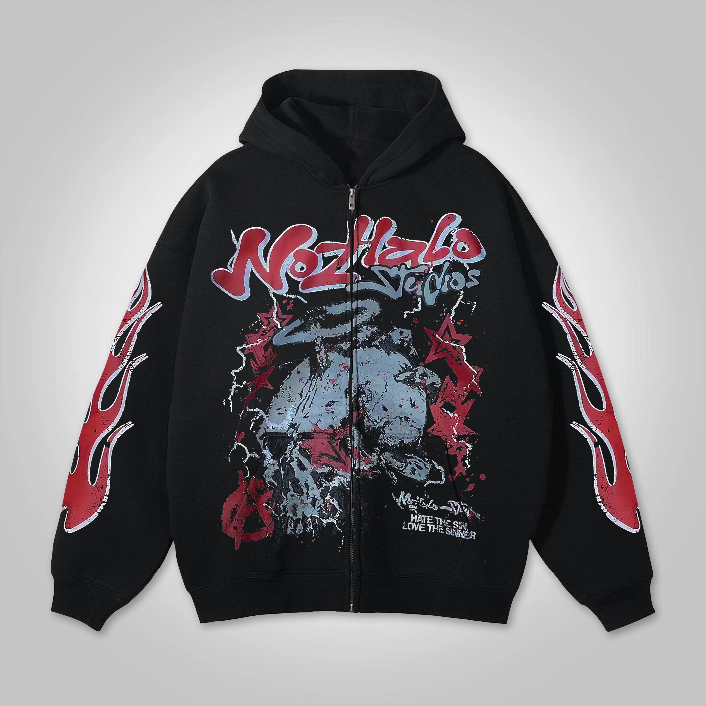 Sopula Retro Hellfire Death Skull Graphic Print Zip-Up Hoodie - Sopula｜Premium Graphic Tees & Graphic Clothing