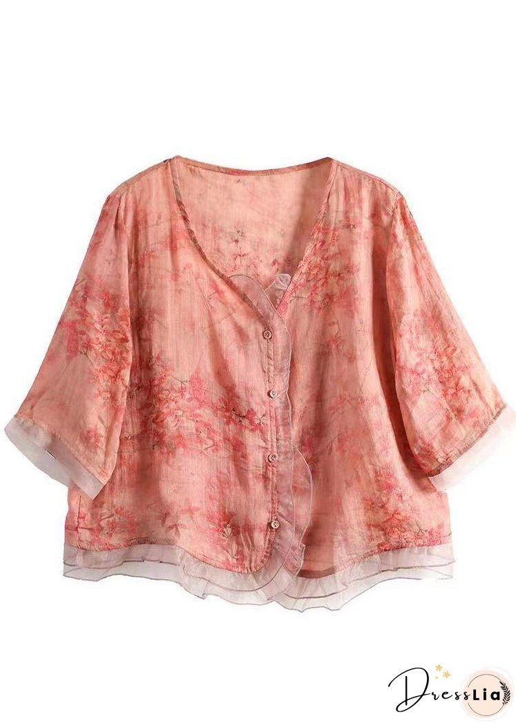 New Peach Style V Neck Button Tulle Patchwork Tops Summer