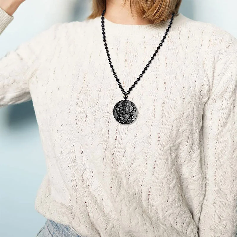 Black Obsidian Ganesh Ganpati Elephant Protection Pendant Necklace