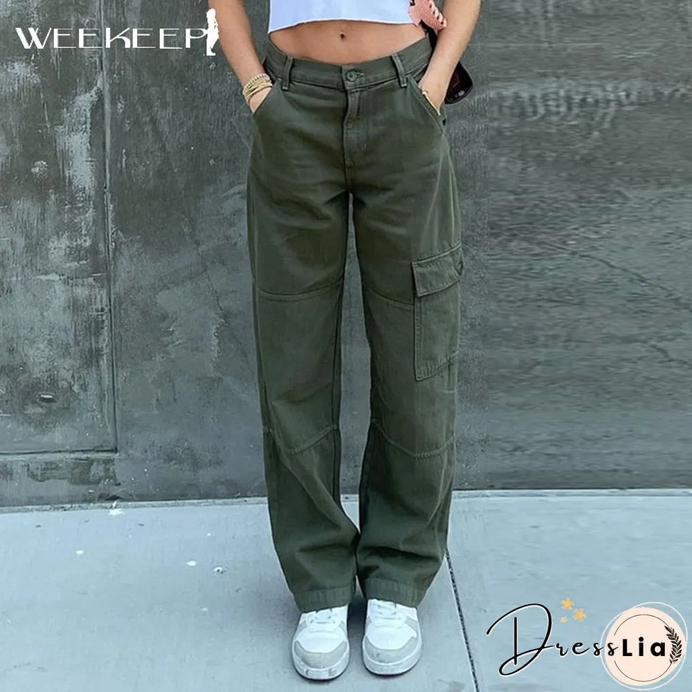 Womens Jeans Cargo Pocket Patchwork High Waist Wide Leg Denim Pants Casual Streetwear