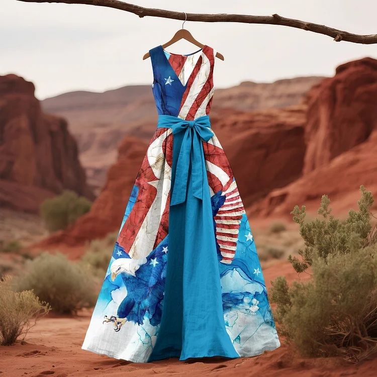 Women's Independence Day Flag Print V Neck Midi Dress