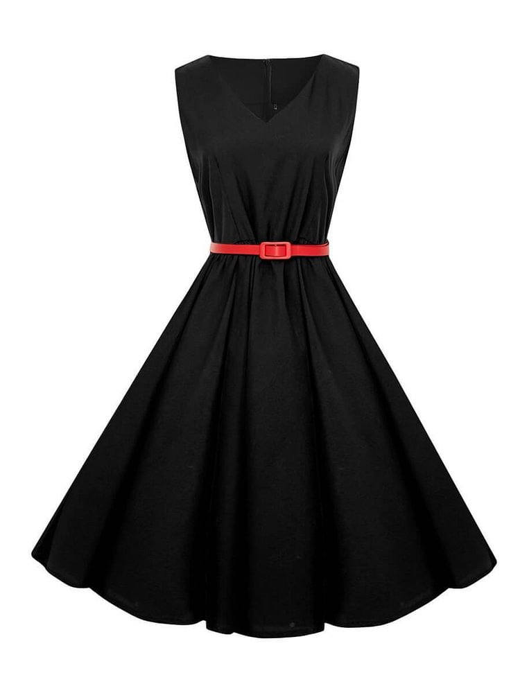 Mayoulove Vintage 1950s Dress A-Line V-Neck Knee-length Dress with Belt-Mayoulove