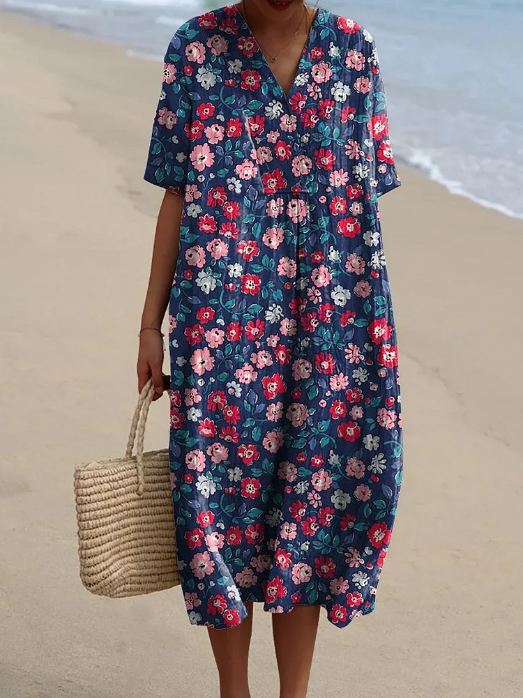 Retro Style Countryside Floral Pattern Printed Women's Flowy Dress