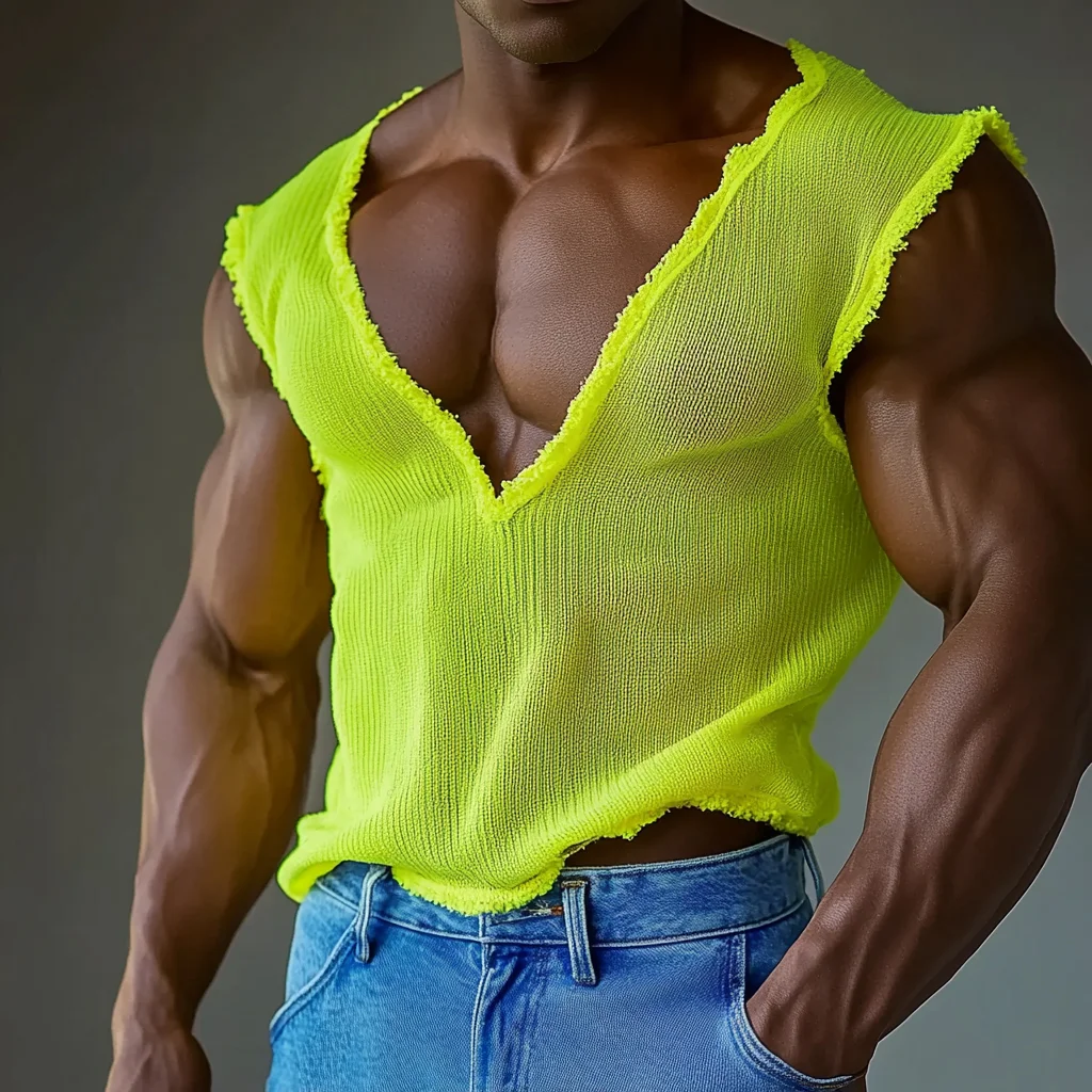  Neon Yellow V-Neck Cropped Tank Top for Men - Perfect for Summer Fitness and Casual Wear-inspireuse