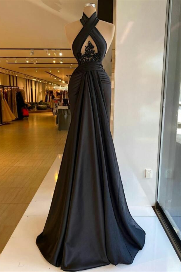 Bellasprom Black Halter Sleeveless Mermaid Prom Dress With Appliques On Sale Bellasprom