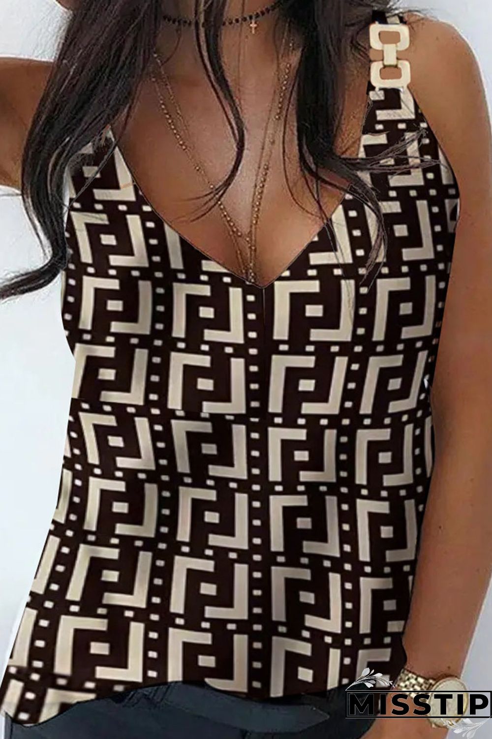 Khaki Casual Street Print Patchwork Metal Accessories Decoration V Neck Tops