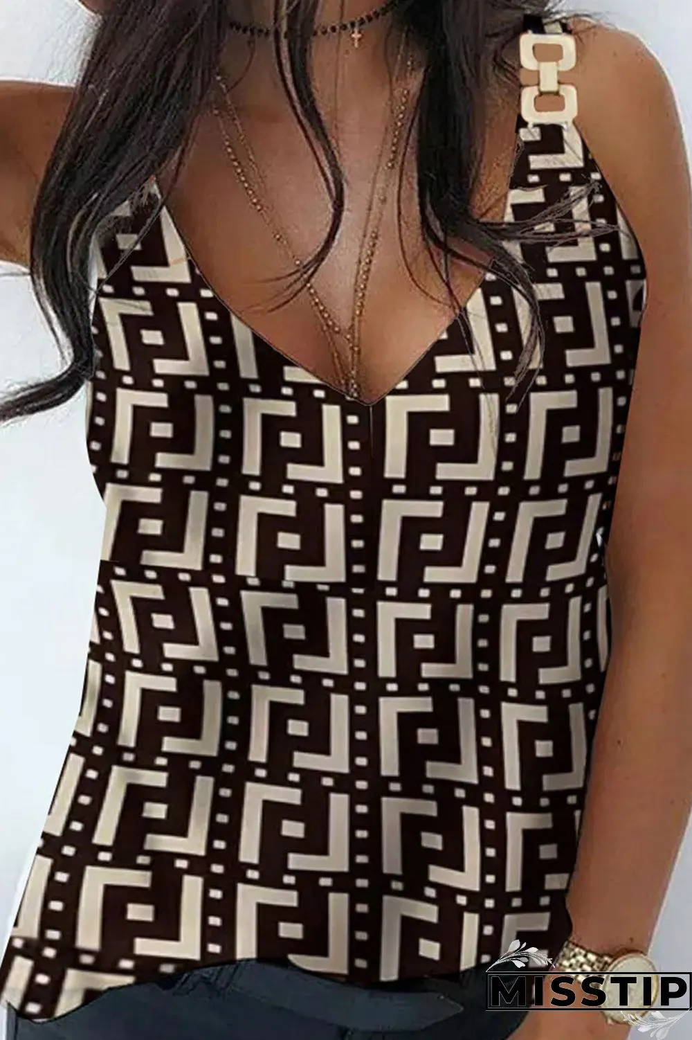 Khaki Casual Street Print Patchwork Metal Accessories Decoration V Neck Tops