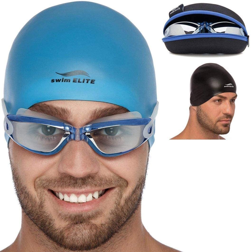 Adult Swim Goggles for Men and Women + Reversible Swimming Cap + Protective Case Set | Swimming Pool Goggles  (Blue)