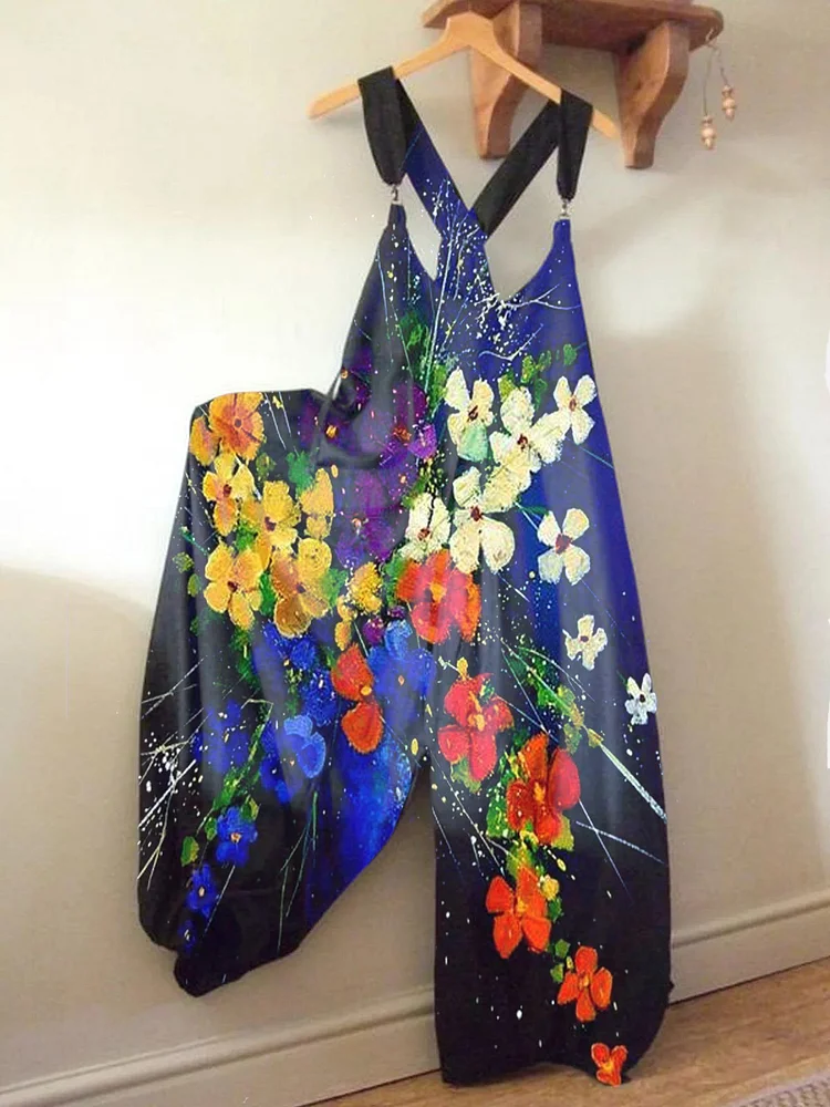 Scoop Neck Sleeveless Floral Retro One Piece Jumpsuit