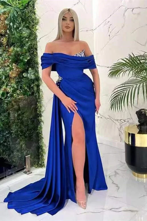 Daisda Royal Blue Off-The-Shoulder Prom Dress Mermaid Split With Ruffles