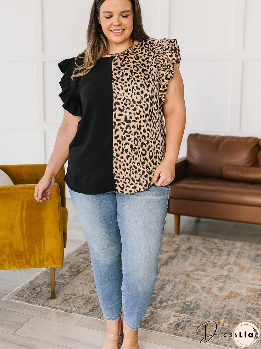 Elegant Black Leopard Ruffle Sleeve Plus Size Top