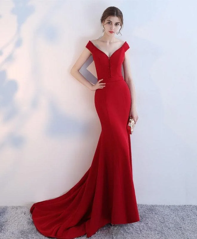 Red V Neck Mermaid Long Prom Dress, Red Evening Dress