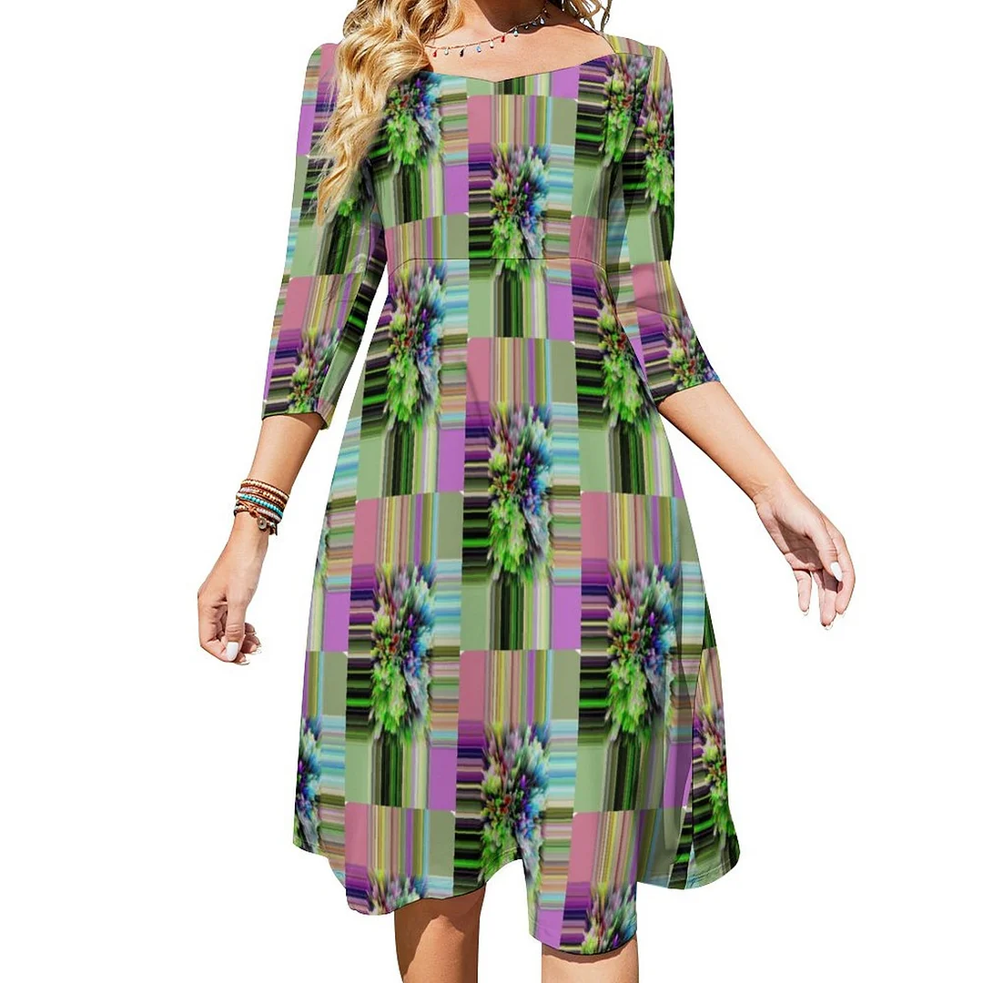 Ombre Lavender Sage Abstract Stripes Bursting Out Dress Sweetheart Tie Back Flared 3/4 Sleeve Midi Dresses