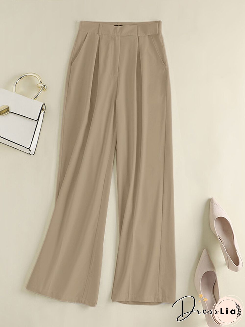 Casual Solid Pocket Wide Leg Pants For Women