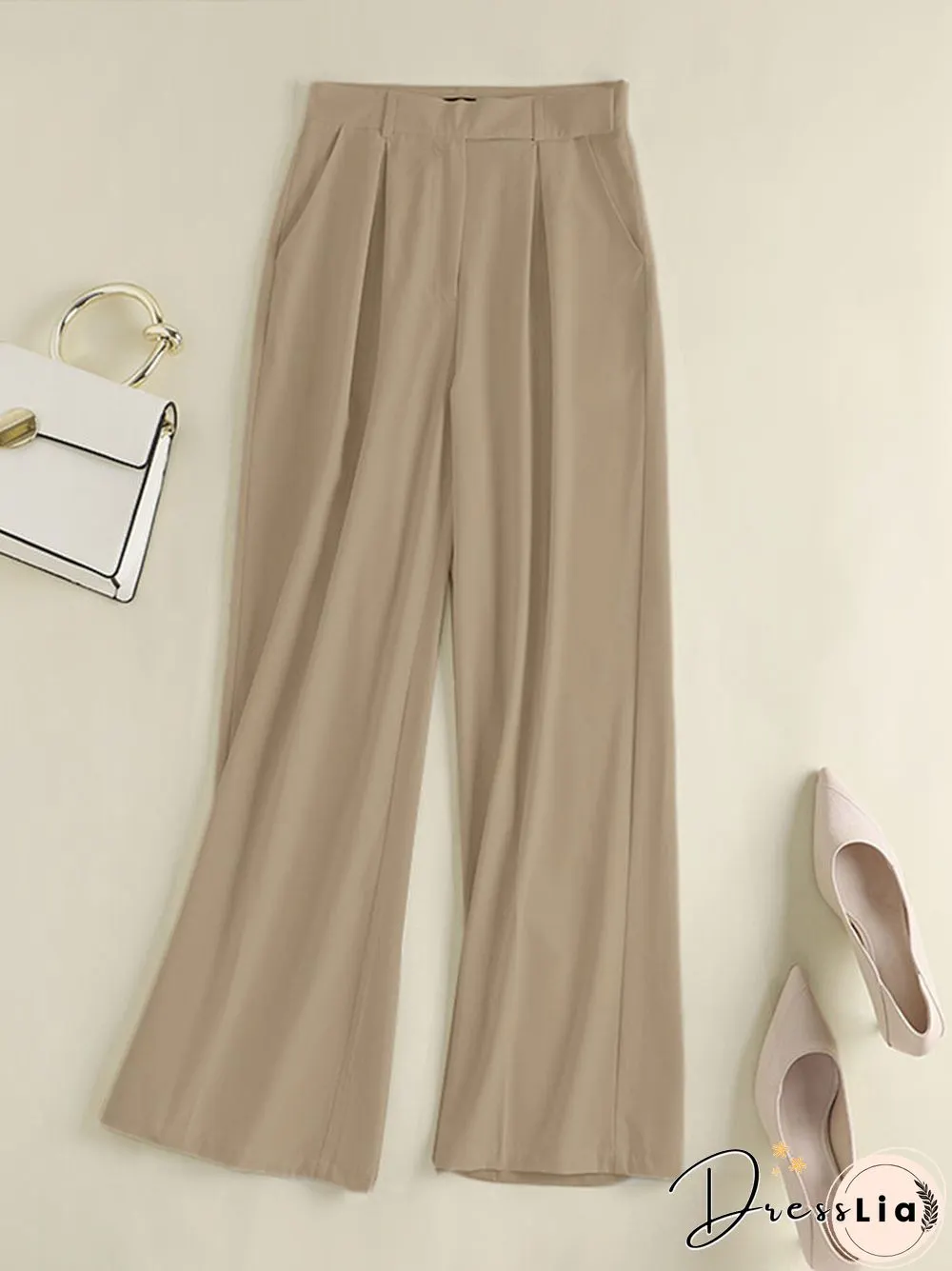Casual Solid Pocket Wide Leg Pants For Women
