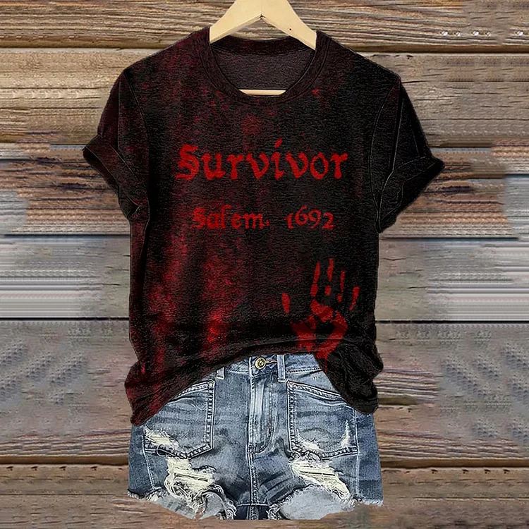 Comstylish Women's Halloween Survivor of Salem Print Casual T-Shirt