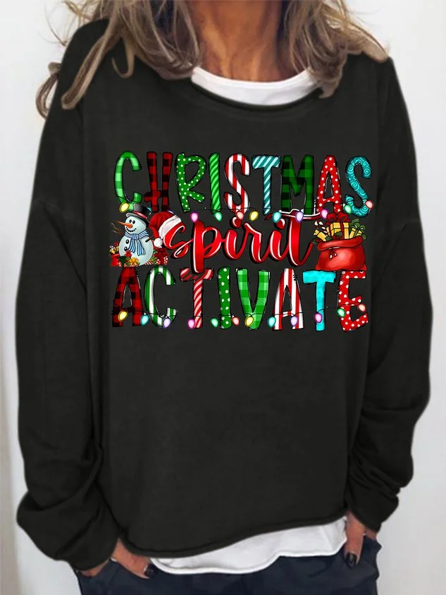 Women's Christmas Spirit Activate Snowman Graphics Print Crew Neck Christmas Casual Cotton-Blend Sweatshirt